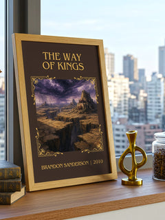 The Way of Kings Classic Book Art Print by Brandon Sanderson – framed print on a city-view windowsill