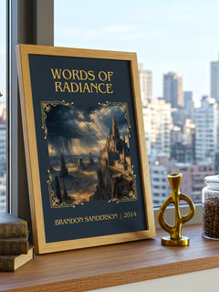 Words of Radiance Classic Book Art Print by Brandon Sanderson – framed print on a city-view windowsill