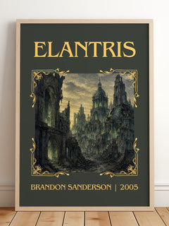 Elantris Classic Book Art Print by Brandon Sanderson – framed print leaning on a wooden floor