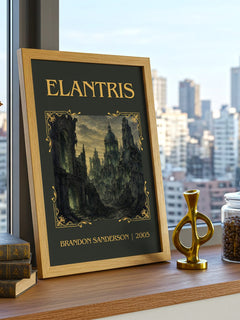 Elantris Classic Book Art Print by Brandon Sanderson – framed print on a city-view windowsill