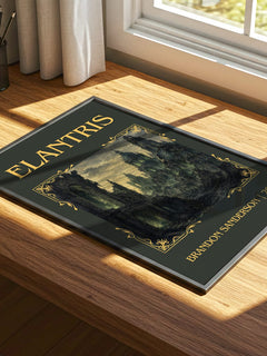 Elantris Classic Book Art Print by Brandon Sanderson – print on a sunlit desk