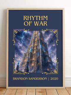Rhythm of War Classic Book Art Print by Brandon Sanderson – framed print leaning on a wooden floor