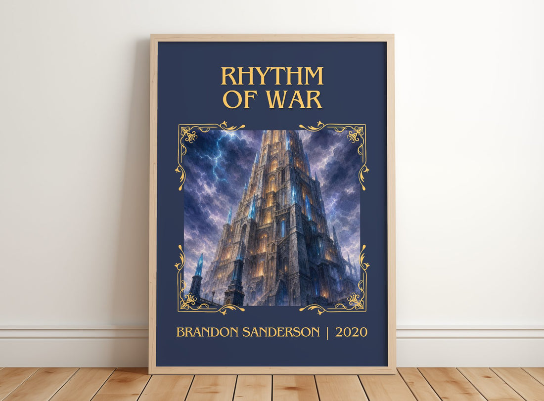 Rhythm of War Classic Book Art Print by Brandon Sanderson – framed print leaning on a wooden floor