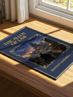 The Alloy of Law Classic Book Art Print by Brandon Sanderson – print on a sunlit desk