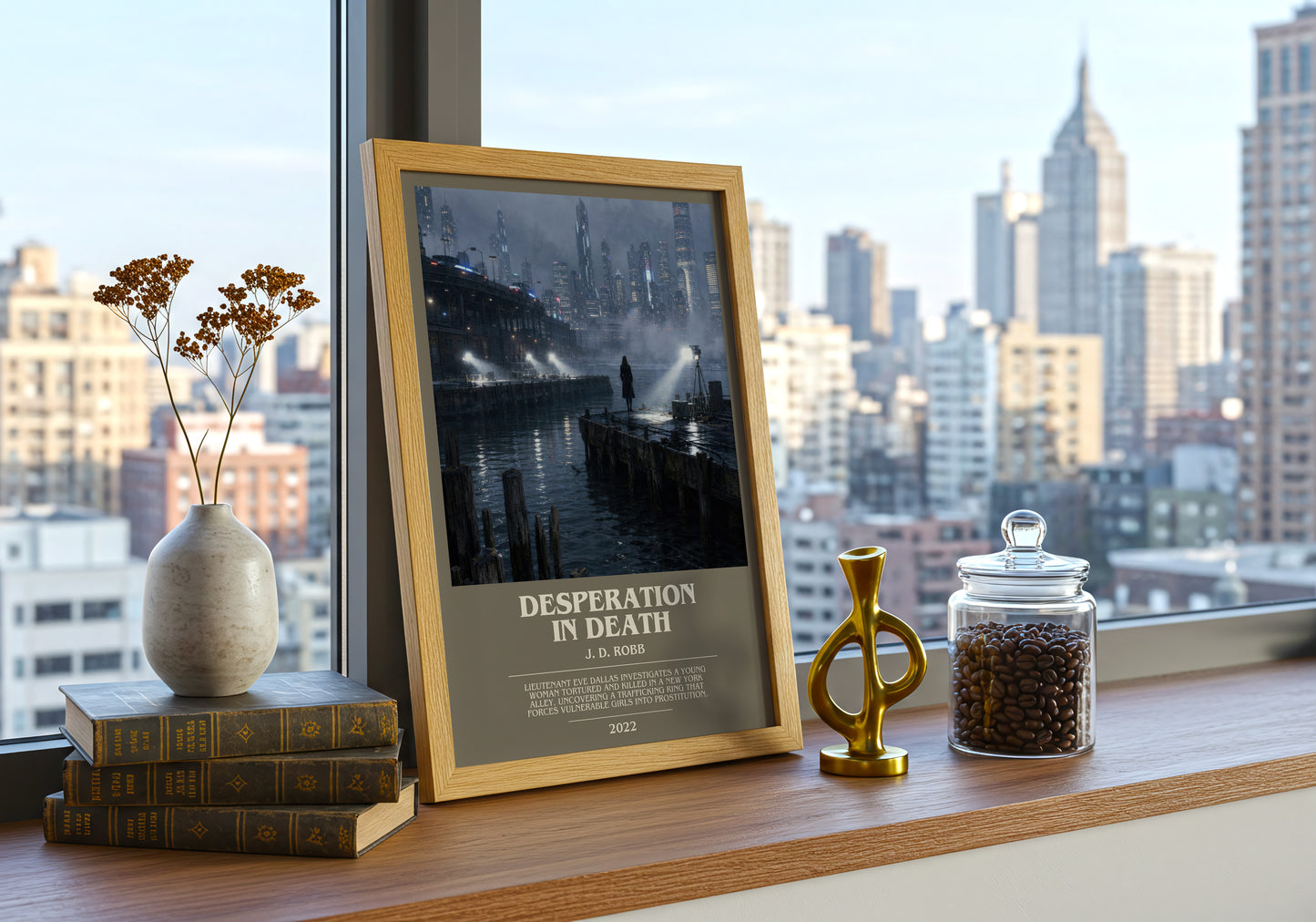 Desperation In Death bookish print framed by window – literary home decor