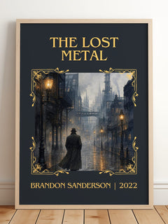 The Lost Metal Classic Book Art Print by Brandon Sanderson – framed print leaning on a wooden floor
