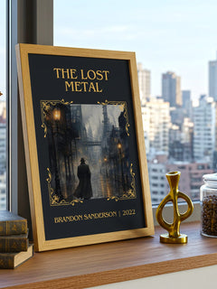 The Lost Metal Classic Book Art Print by Brandon Sanderson – framed print on a city-view windowsill