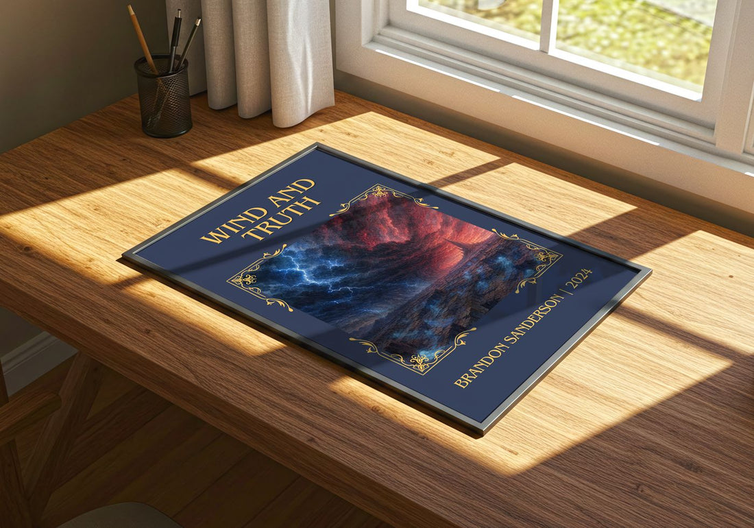 Wind and Truth Classic Book Art Print by Brandon Sanderson – print on a sunlit desk