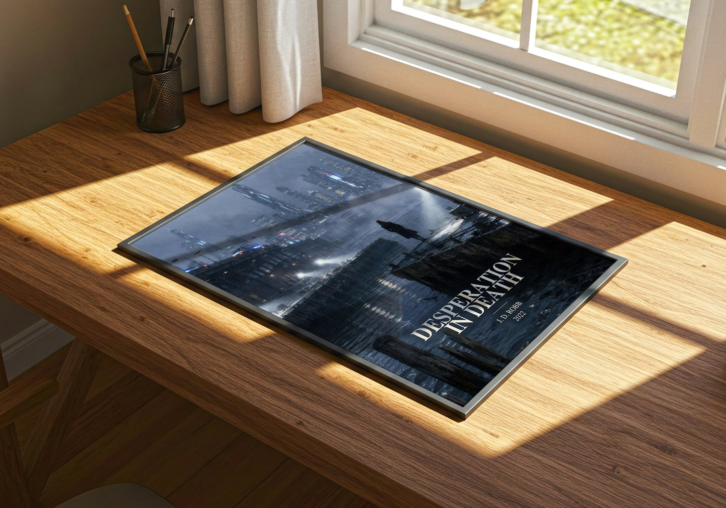 Desperation In Death watercolour book poster framed on wall – thriller wall art