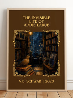 Invisible Life of Addie LaRue Classic Book Art Print by V.E. Schwab – framed print leaning on a wooden floor