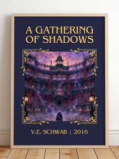 A Gathering of Shadows Classic Book Art Print by V.E. Schwab – framed print leaning on a wooden floor