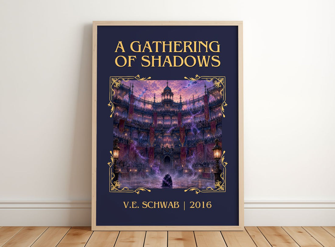 A Gathering of Shadows Classic Book Art Print by V.E. Schwab – framed print leaning on a wooden floor