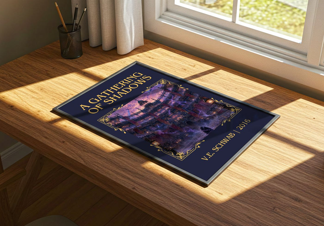 A Gathering of Shadows Classic Book Art Print by V.E. Schwab – print on a sunlit desk