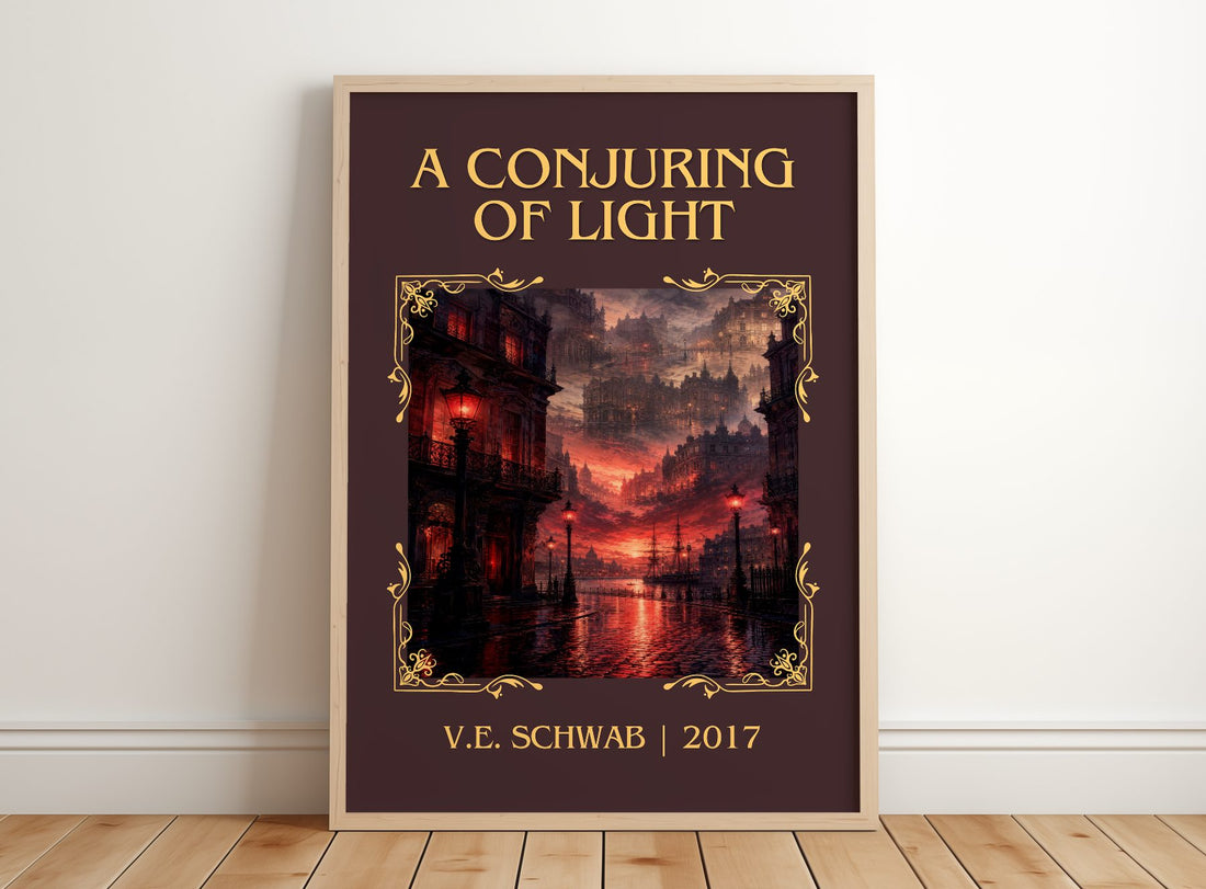 A Conjuring of Light Classic Book Art Print by V.E. Schwab – framed print leaning on a wooden floor