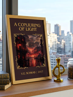 A Conjuring of Light Classic Book Art Print by V.E. Schwab – framed print on a city-view windowsill