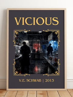 Vicious Classic Book Art Print by V.E. Schwab – framed print leaning on a wooden floor