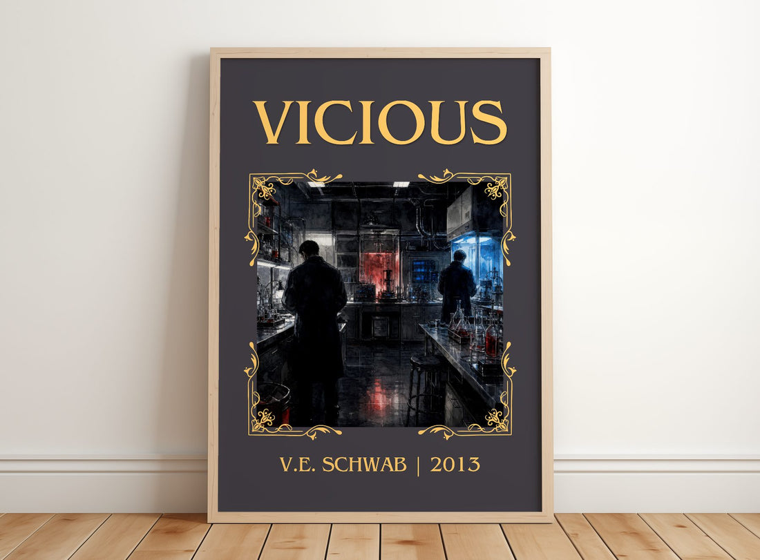 Vicious Classic Book Art Print by V.E. Schwab – framed print leaning on a wooden floor