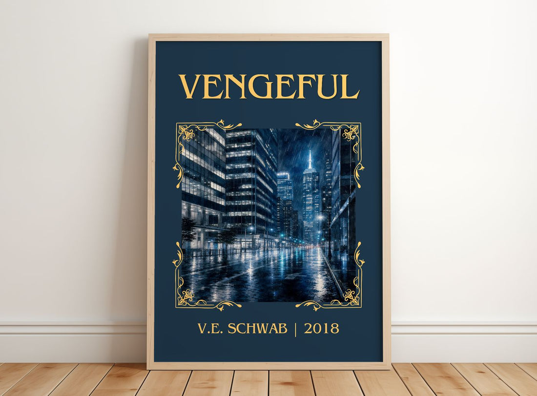 Vengeful Classic Book Art Print by V.E. Schwab – framed print leaning on a wooden floor