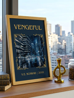 Vengeful Classic Book Art Print by V.E. Schwab – framed print on a city-view windowsill