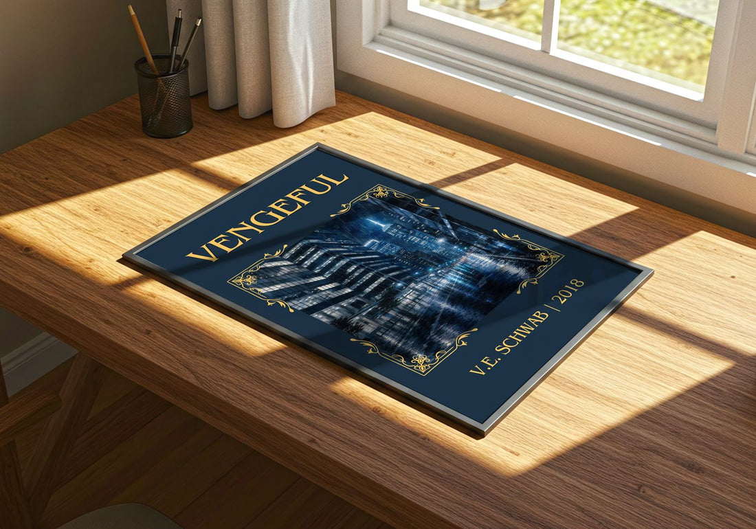 Vengeful Classic Book Art Print by V.E. Schwab – print on a sunlit desk