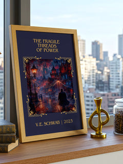 The Fragile Threads of Power Classic Book Art Print by V.E. Schwab – framed print on a city-view windowsill