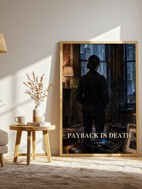 Payback In Death watercolour print in frame leaning in hallway – crime wall art