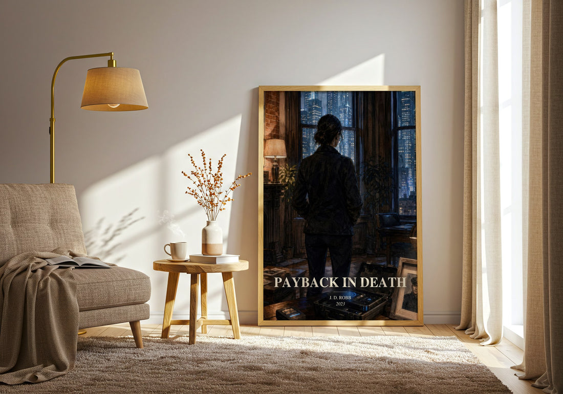 Payback In Death watercolour print in frame leaning in hallway – crime wall art (mockup)