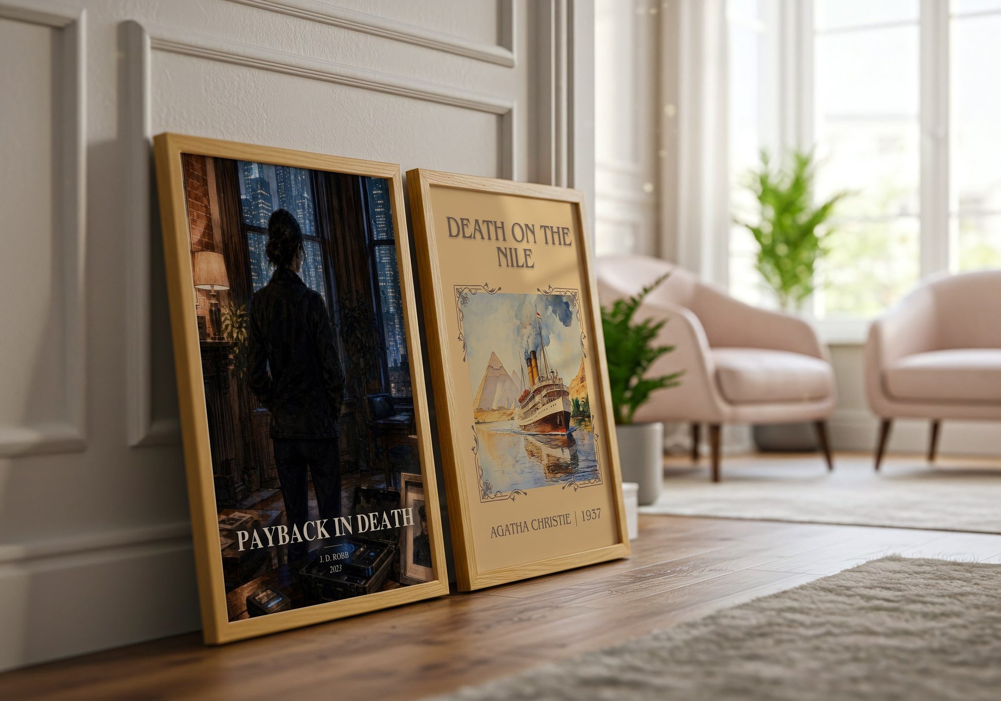 Payback In Death watercolour print framed by window – literary home decor
