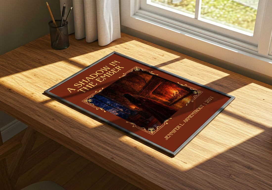 A Shadow in the Ember Classic Book Art Print by Jennifer L. Armentrout – print on a sunlit desk