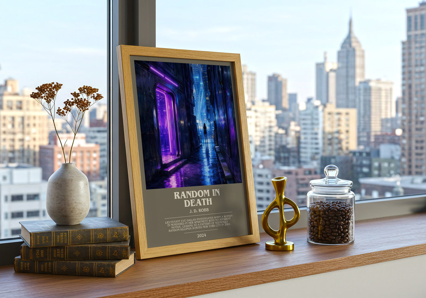 Random In Death bookish print framed by window – literary home decor