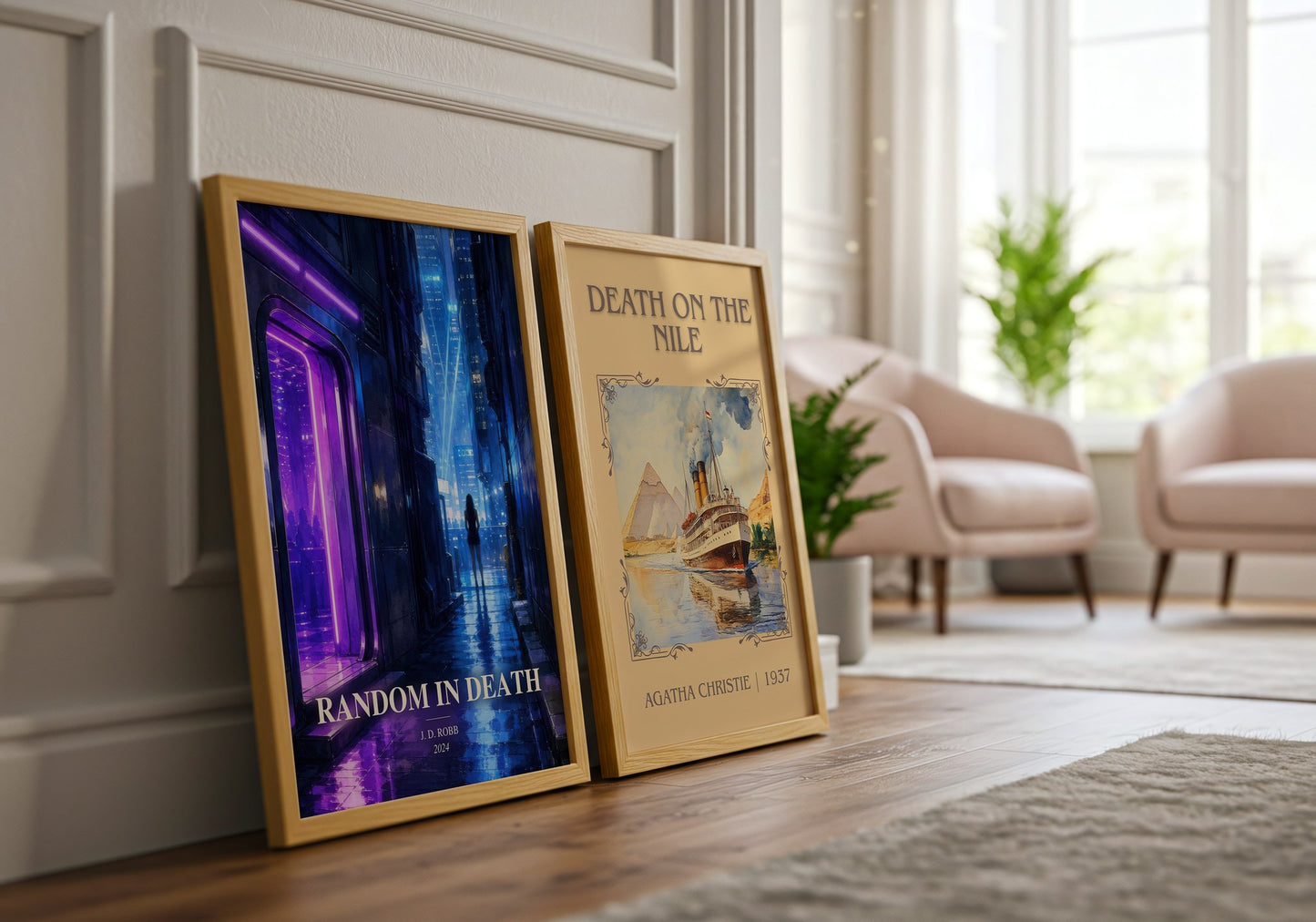 Random In Death watercolour print framed by window – literary home decor