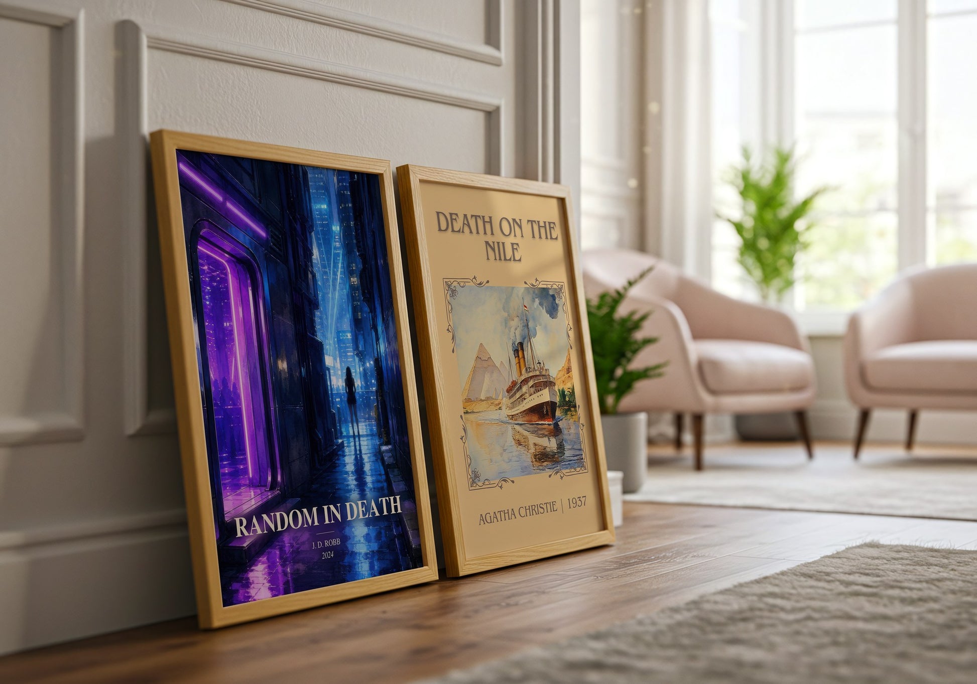 Random In Death watercolour print framed by window – literary home decor