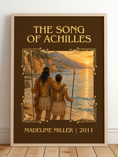 The Song of Achilles Classic Book Art Print by Madeline Miller – framed print leaning on a wooden floor