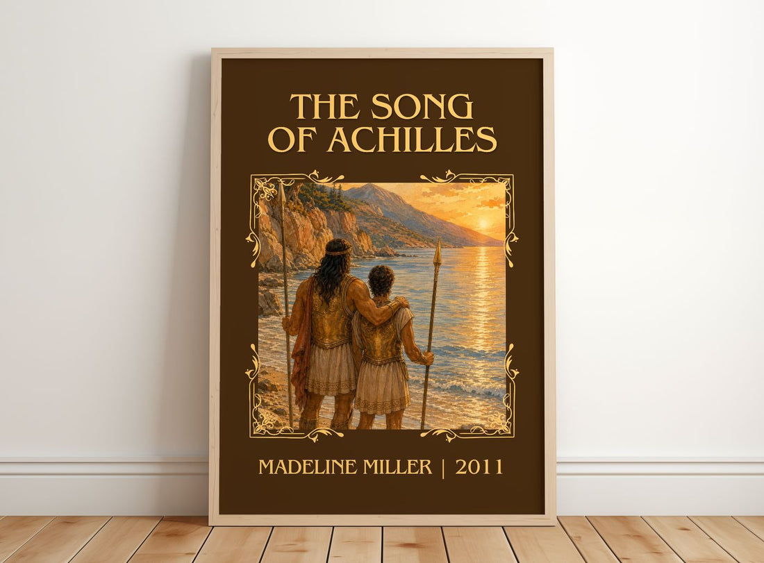 The Song of Achilles Classic Book Art Print by Madeline Miller – framed print leaning on a wooden floor