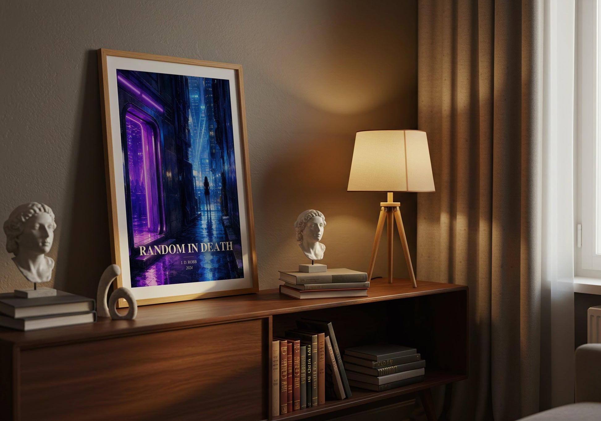Random In Death watercolour print on bookshelf – J. D. Robb fan gift