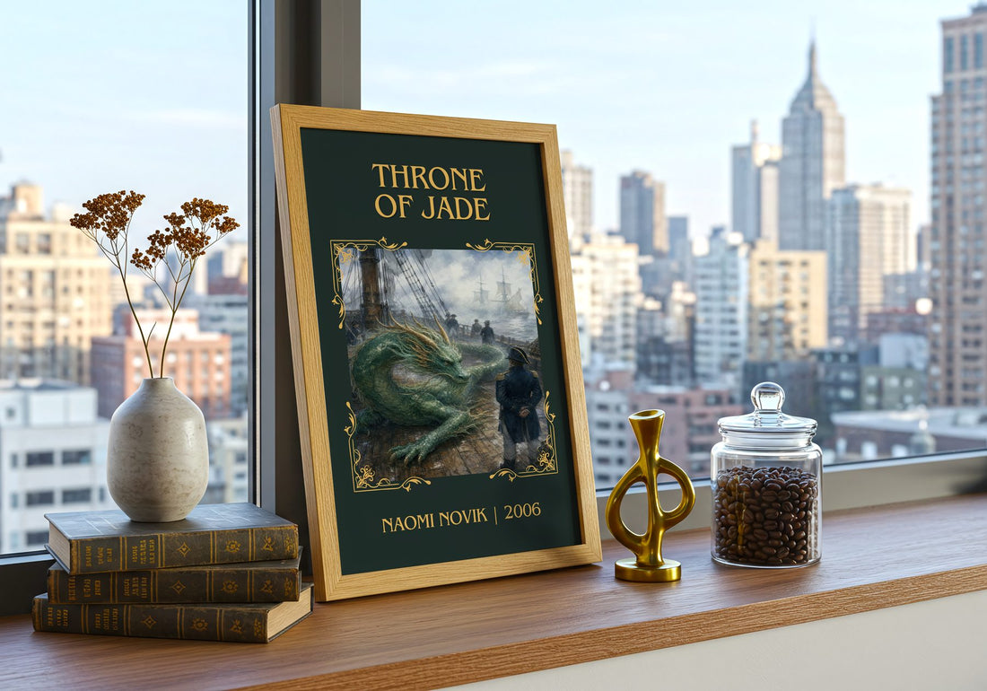 Throne of Jade Classic Book Art Print by Naomi Novik – framed print on a city-view windowsill