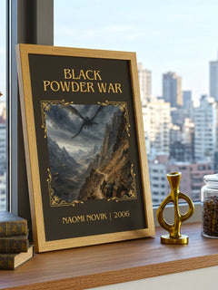 Black Powder War Classic Book Art Print by Naomi Novik – framed print on a city-view windowsill
