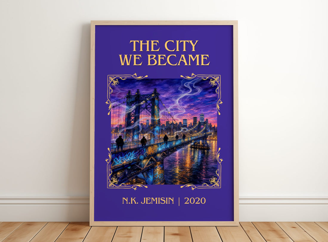 The City We Became Classic Book Art Print by N.K. Jemisin – framed print leaning on a wooden floor