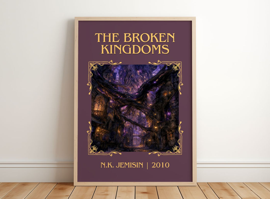 The Broken Kingdoms Classic Book Art Print by N.K. Jemisin – framed print leaning on a wooden floor