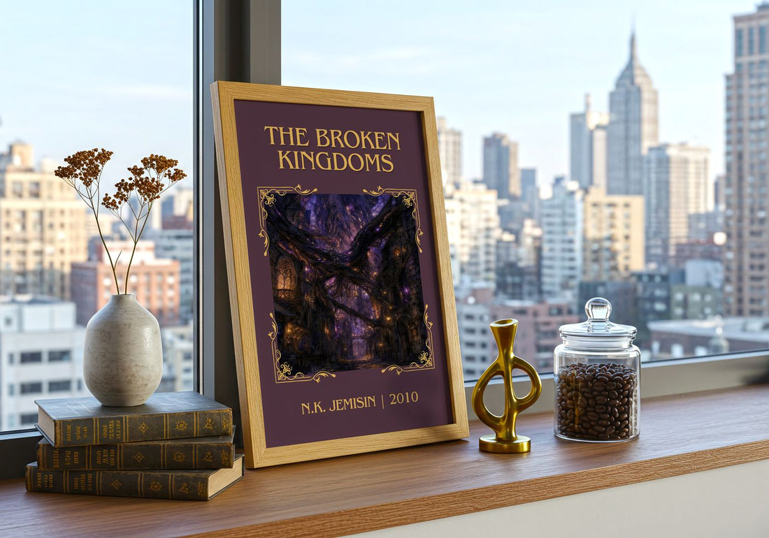 The Broken Kingdoms Classic Book Art Print by N.K. Jemisin – framed print on a city-view windowsill