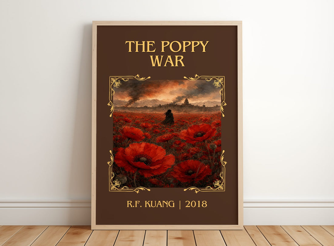 The Poppy War Classic Book Art Print by R.F. Kuang – framed print leaning on a wooden floor