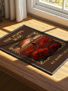 The Poppy War Classic Book Art Print by R.F. Kuang – print on a sunlit desk