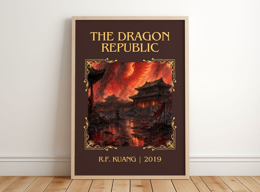 The Dragon Republic Classic Book Art Print by R.F. Kuang – framed print leaning on a wooden floor