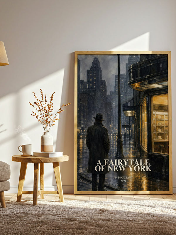 A Fairytale Of New York watercolour print in frame leaning in hallway – literary fiction wall art