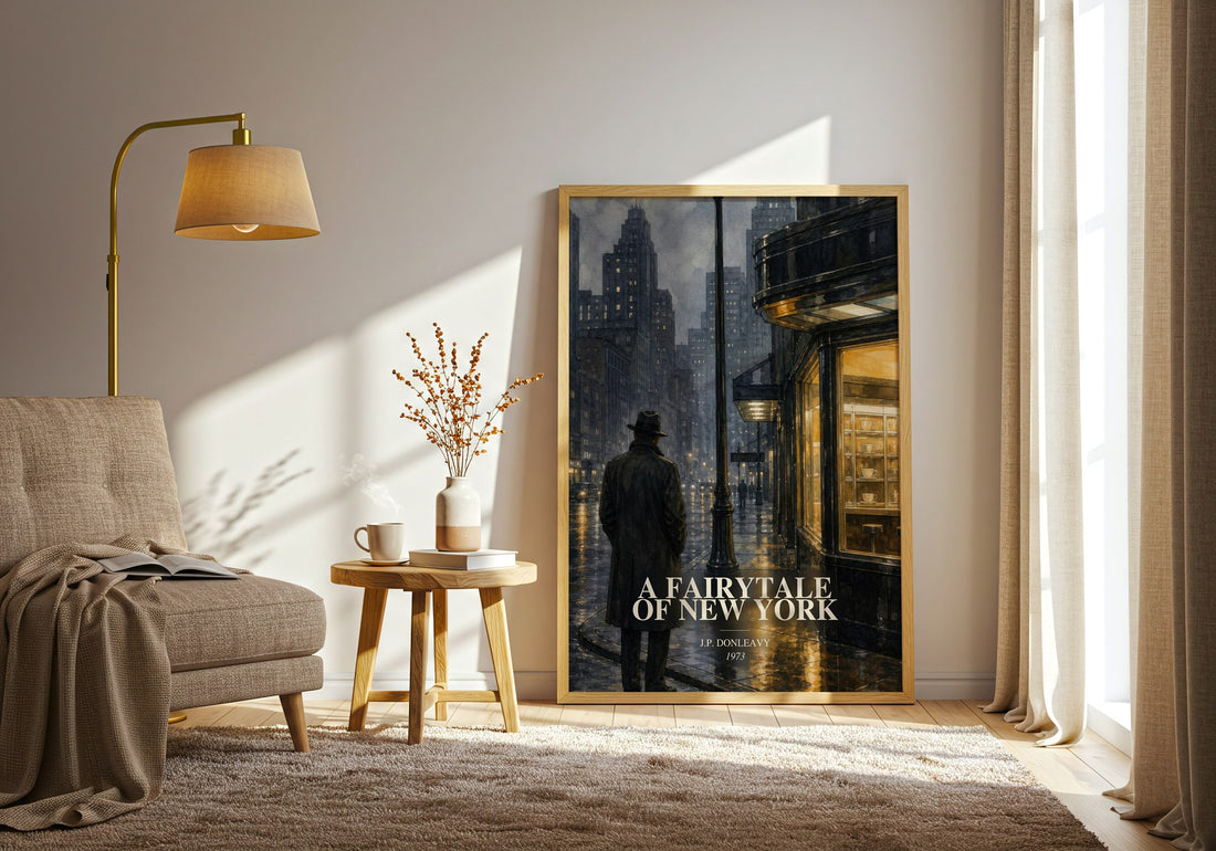 A Fairytale Of New York watercolour print in frame leaning in hallway – literary fiction wall art (mockup)