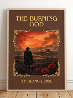The Burning God Classic Book Art Print by R.F. Kuang – framed print leaning on a wooden floor