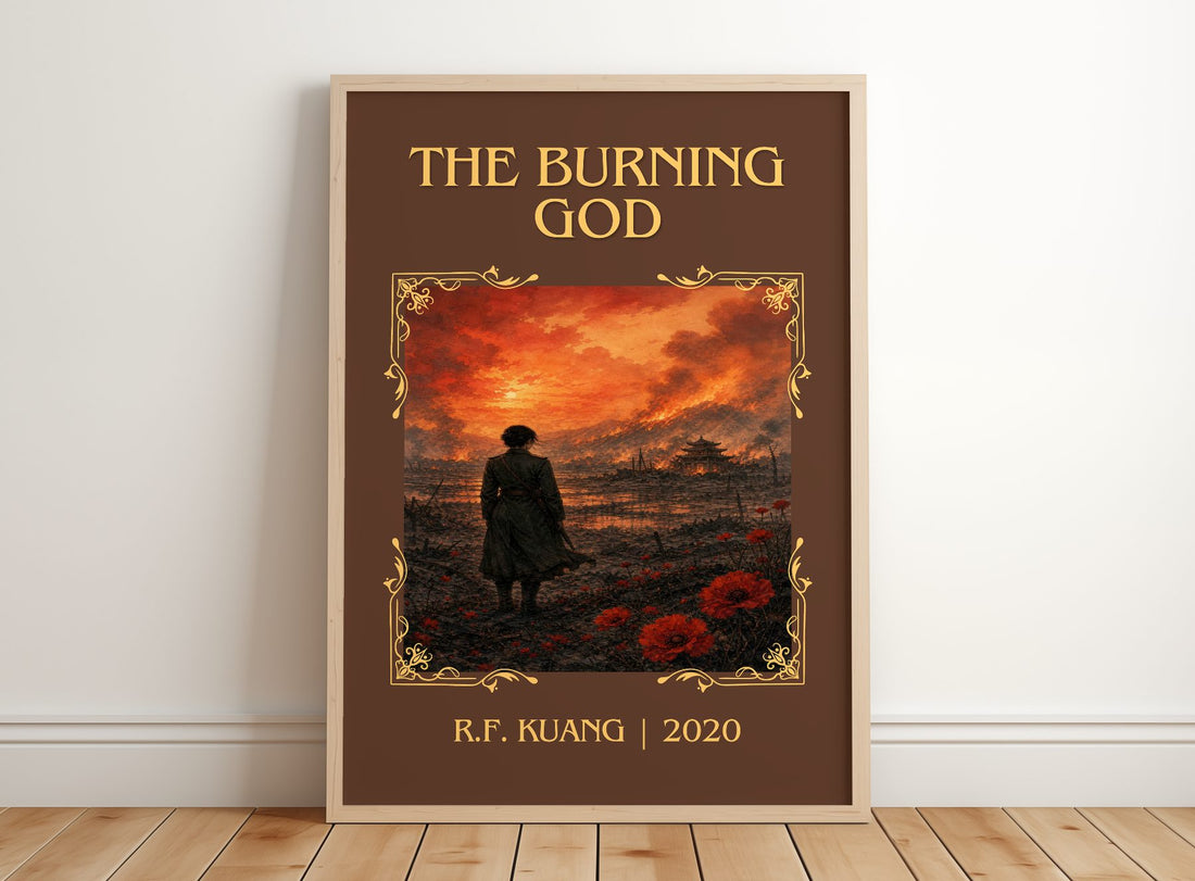 The Burning God Classic Book Art Print by R.F. Kuang – framed print leaning on a wooden floor