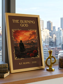 The Burning God Classic Book Art Print by R.F. Kuang – framed print on a city-view windowsill