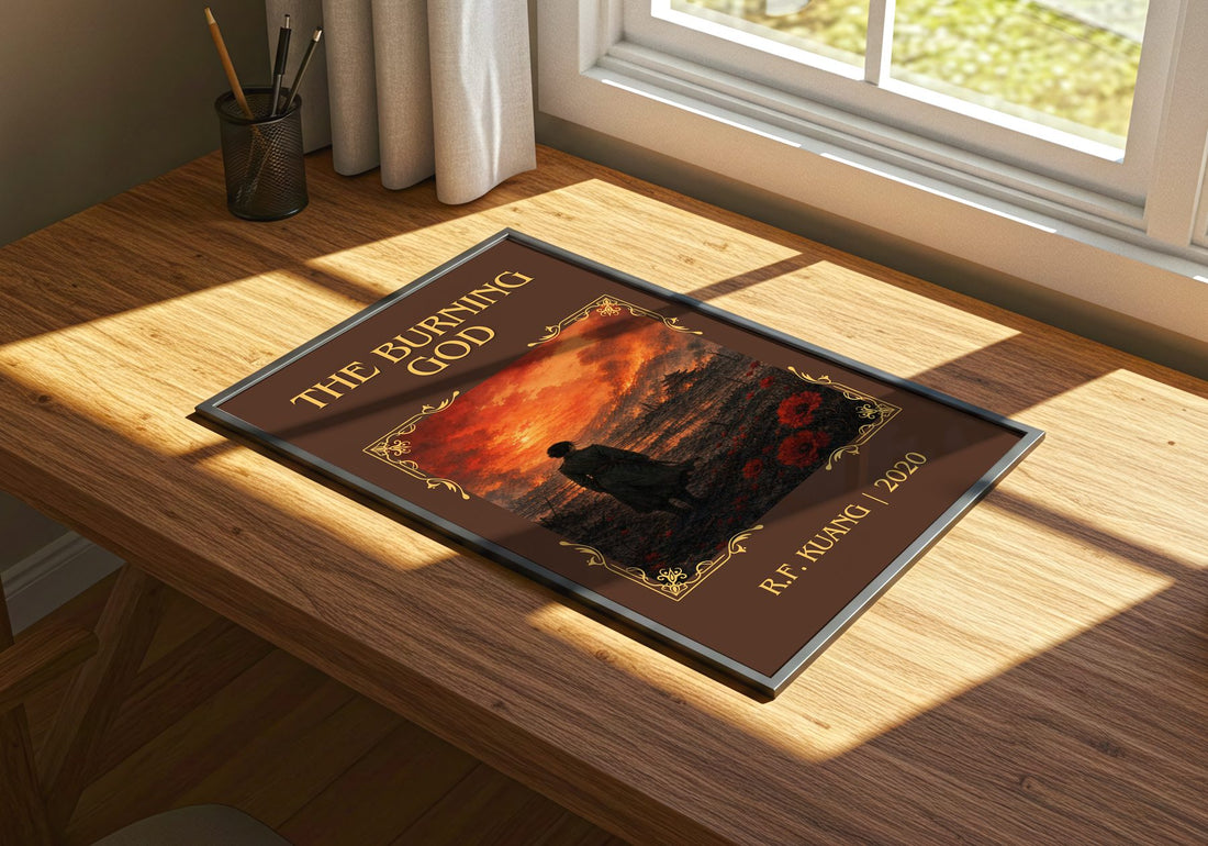 The Burning God Classic Book Art Print by R.F. Kuang – print on a sunlit desk