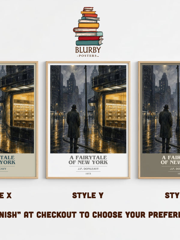 A Fairytale Of New York book cover print in frame leaning in hallway – literary fiction wall art